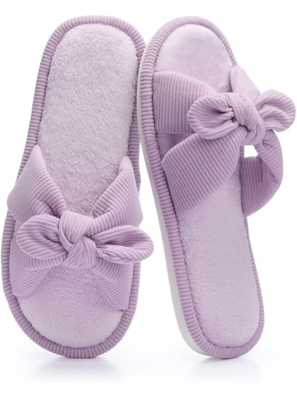 Women's Purple Memory Foam Indoor Corduroy Crossband Open Toe Bow Slipper Shoes